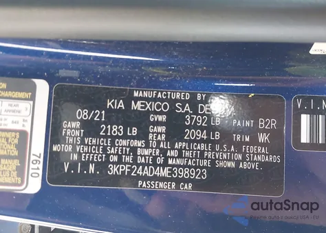 2021 Kia Forte Lxs from USA, damaged, VIN 3KPF24AD4ME398923